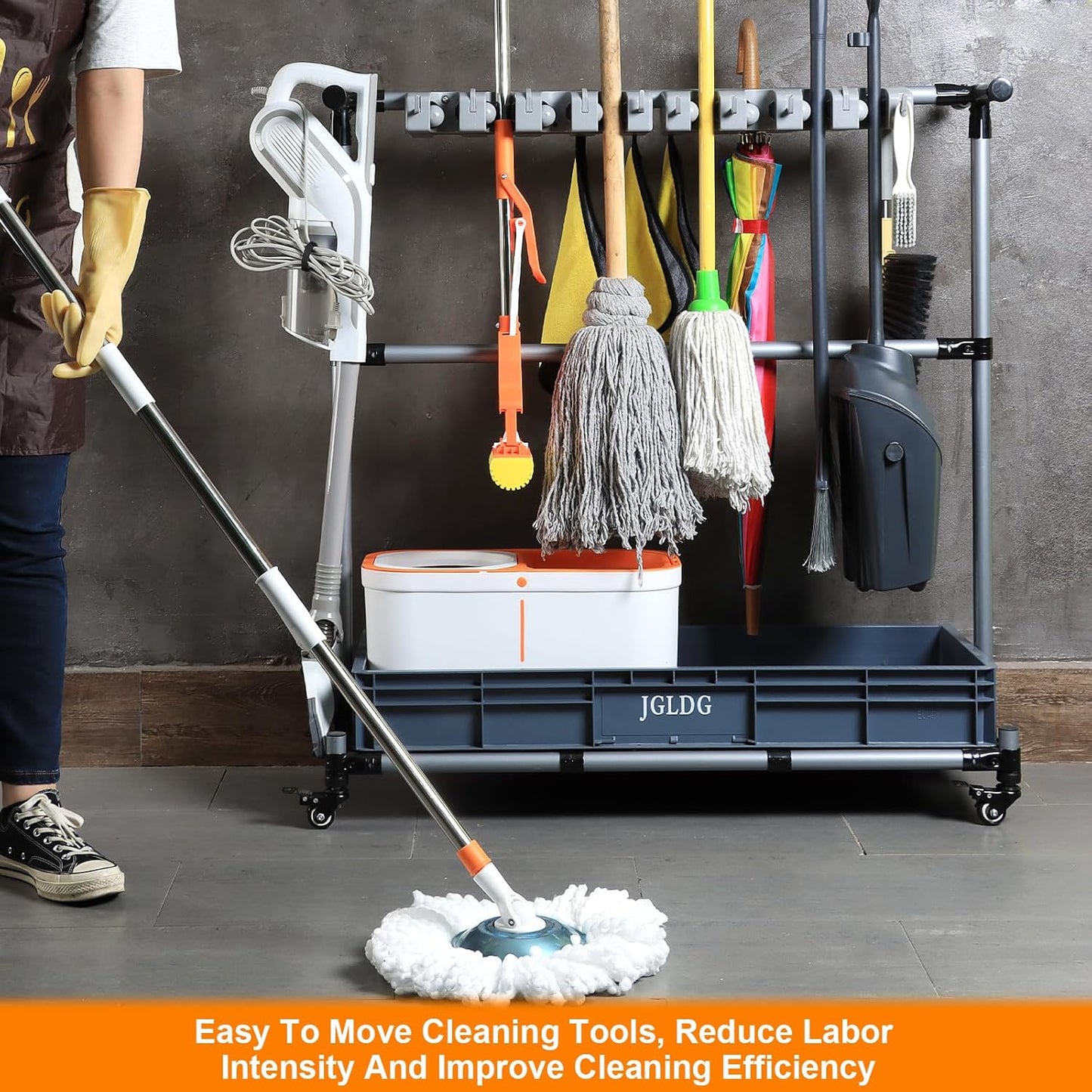 Skiennix Mop and Broom Holder with Wheels - Effortlessly Organize Your Cleaning Tools (Large)