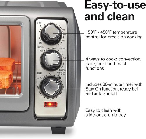 Hamilton Beach 6 Slice Convection Toaster Oven - Easy Reach Roll-Top Door, Bake & Broil Functions, Silver