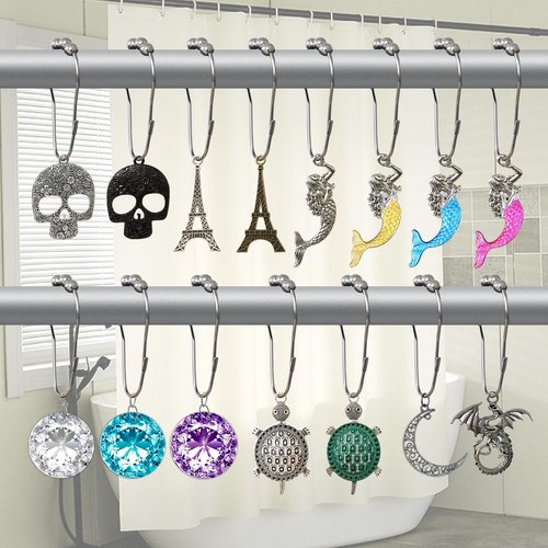 Crystal Shower Curtain Hooks Decorative Clear Bling Rings Cute Girly Glitter Luxury Elegant White Rhinestones Diamond Bathroom Accessories Rust Resistant 12 Pack (White)