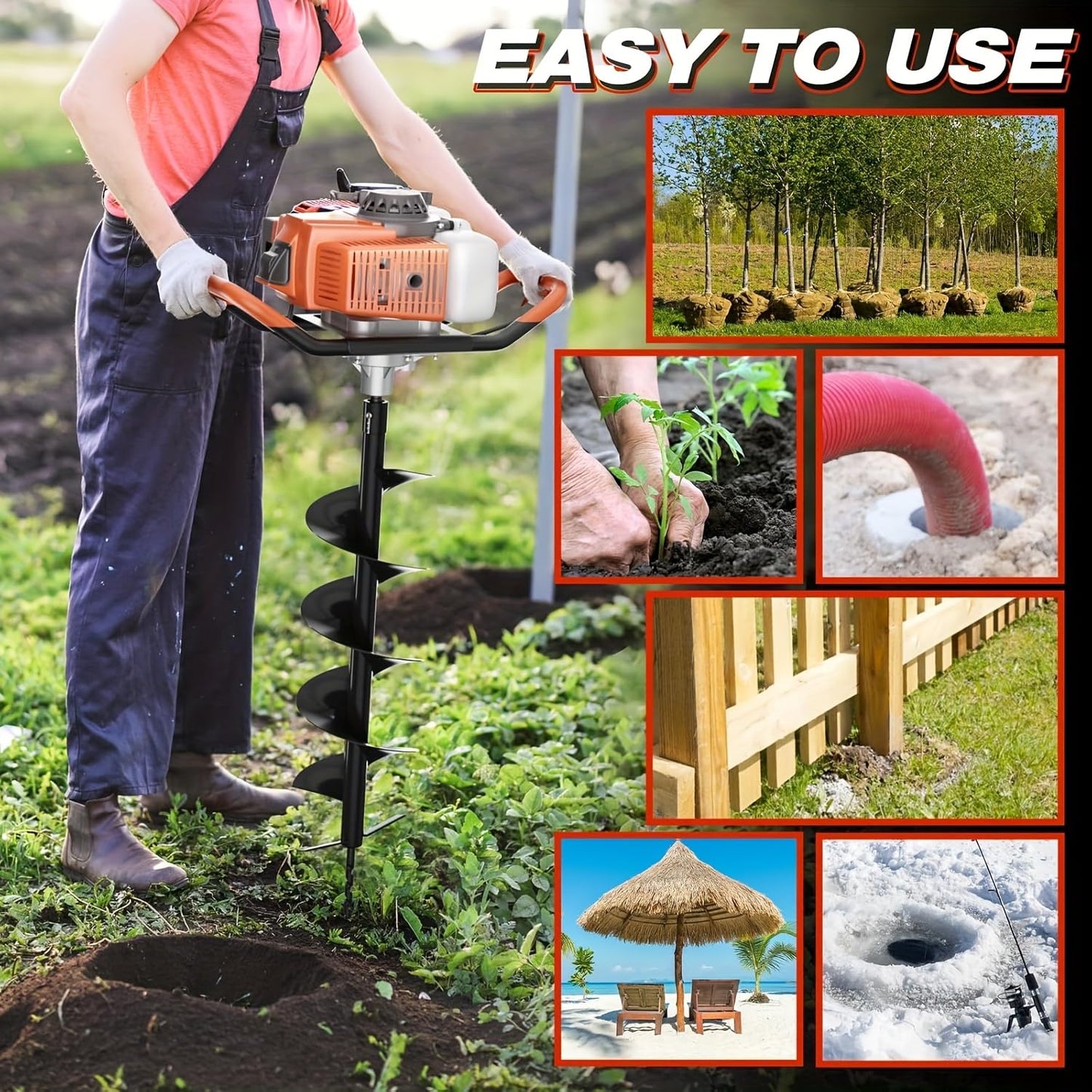 85cc Gas Powered Post Hole Digger, Gas Earth Auger/Ice Auger, with 4"/8"/12" Bits + Two 30-inch Extension Poles, 2-Stroke Gasoline Post Digger for Fence Garden Farm Plant
