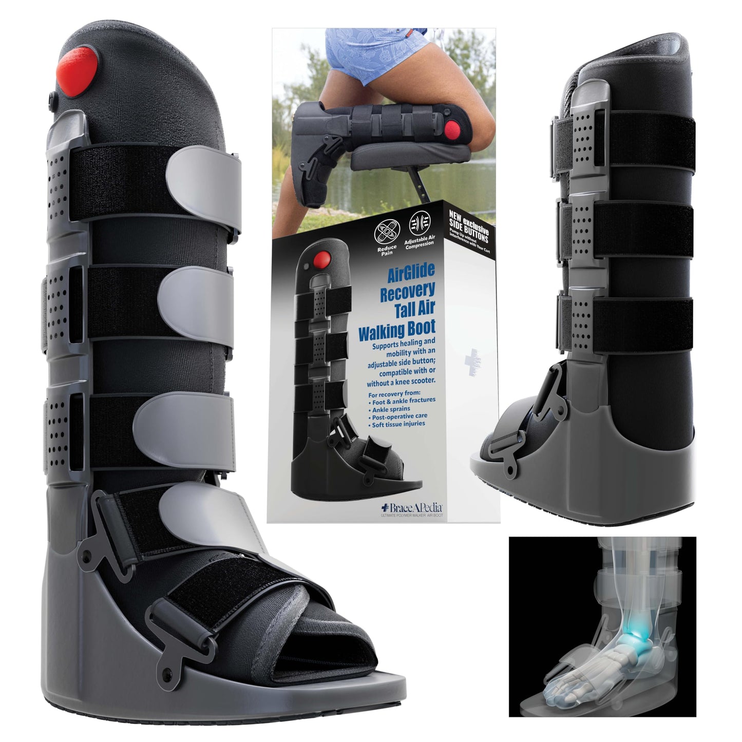 Tall Side Pump Fracture Boot, Medical Grade Foot Brace for Fractures, Cart Friendly Ankle Boot & Brace, Adjustable Air Pump, Sprain & Injury Recovery, Post Op Shoe, Foot Boot for Injured Foot, X-Large
