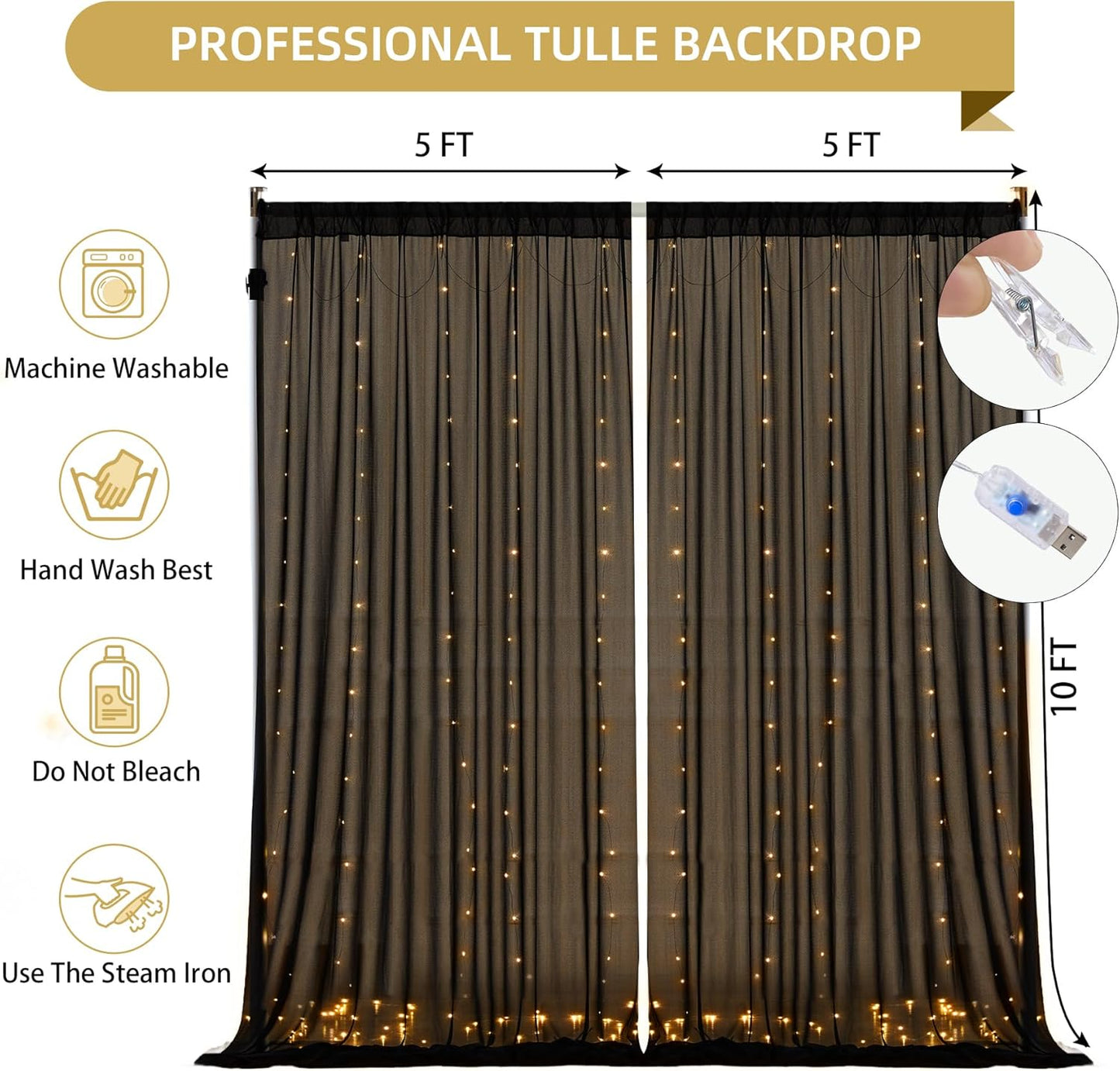Wish Care 10x10FT Black Wrinkle Free Backdrop Curtains with Lights String for Parties - Photo Curtain Backdrop