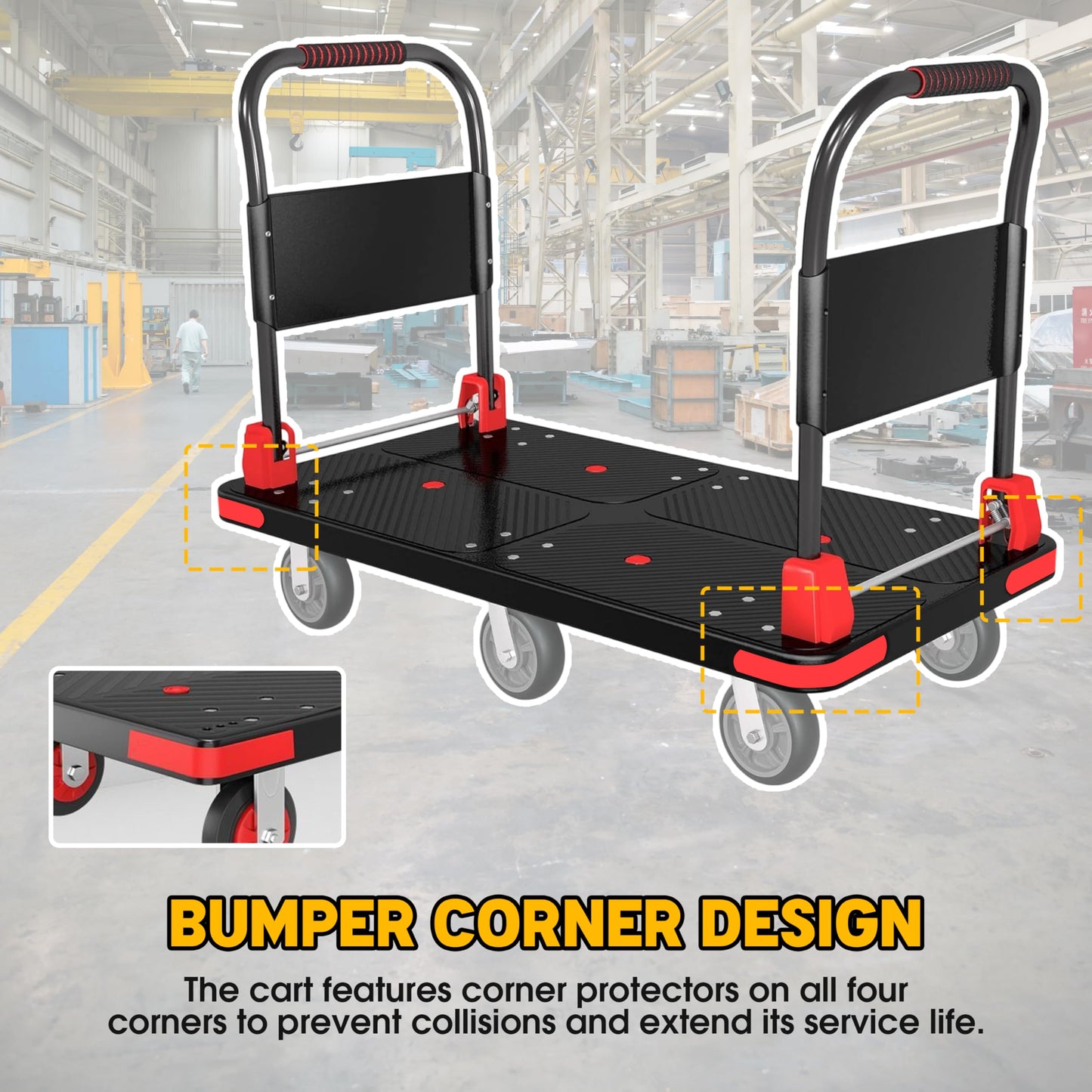 Platform Trucks Flatbed Cart Heavy Duty with 2 Handrails & 6 Rubber Wheels, Flat Dolly 2000lbs Capacity with Bungee Cord, 49.2"x27.56" Folding Hand Cart for Moving Furniture/Office/Warehouse/Garage