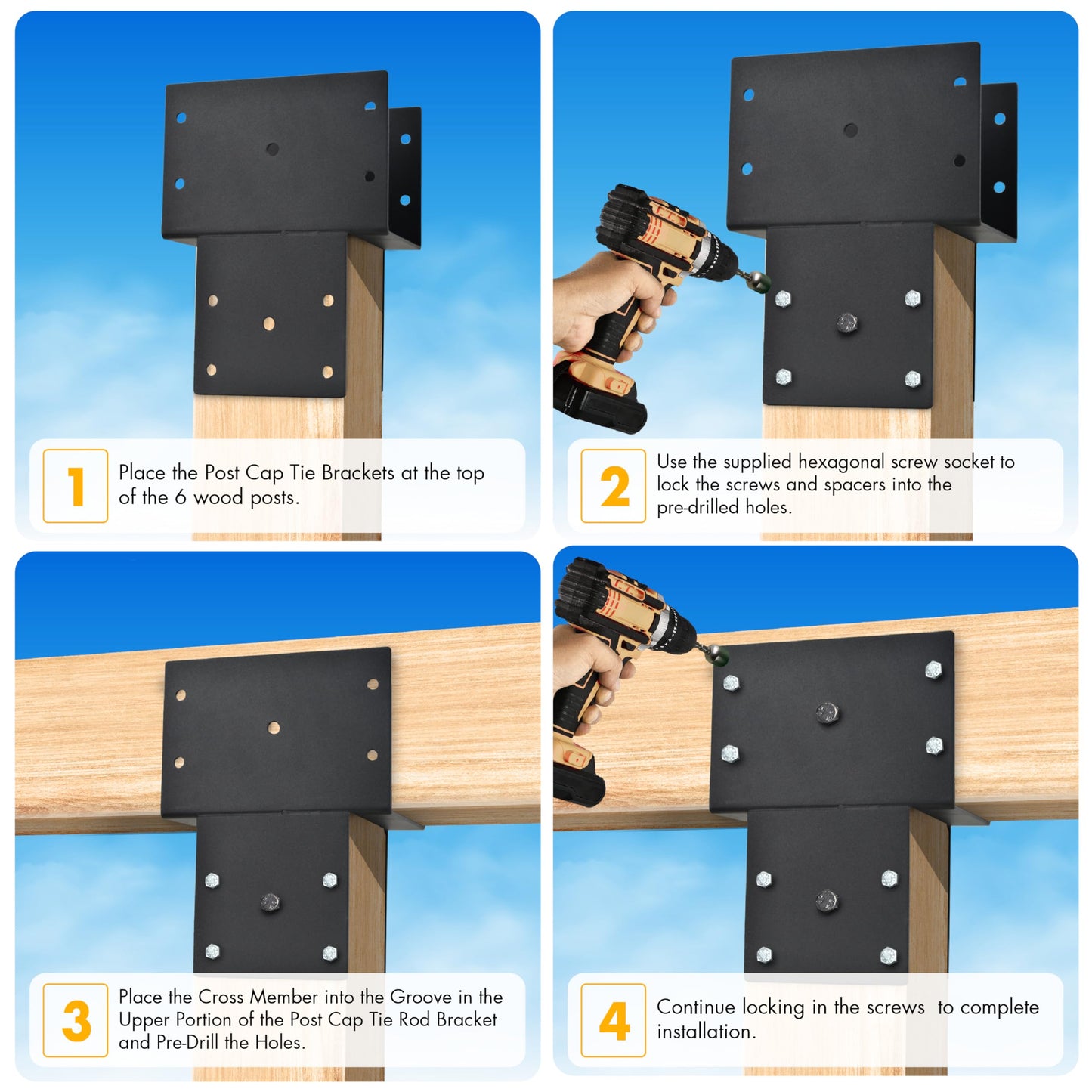 2 Pack Heavy Duty Post Caps Tie Bracket, 4''x4'' (Internal 3.5"x3.5"), Fit Connecting Wood Gazebo, Deck Patio Post and Wood Beams Bracket (Black)