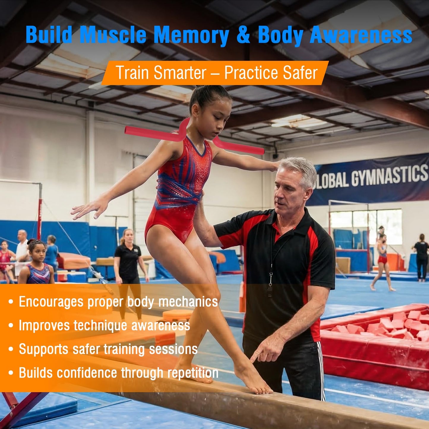 Gymnastics Open Shoulder Trainer for Kids & Teens, Open Shoulder Trainer Model OST-826, 8 x 26 x 2 in Padded Shoulder Alignment Training Aid for Tumbling, Cheerleading, Handstands & Bar Skills，Red