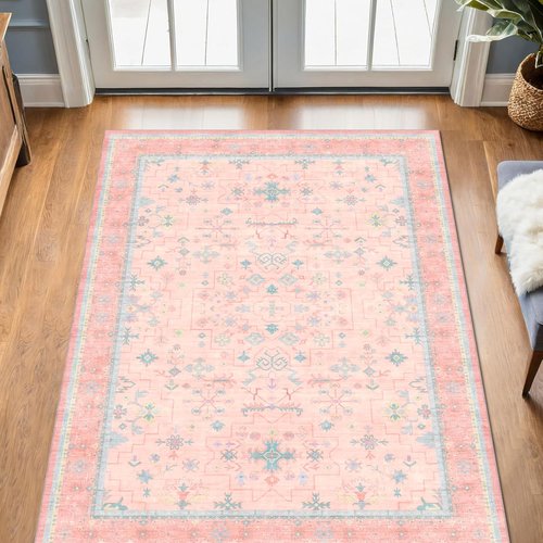 Hazo Haus Nursery Area Rug - Charming Boho Vintage Design | Washable 4x6 Pink Rug for Kids' Rooms