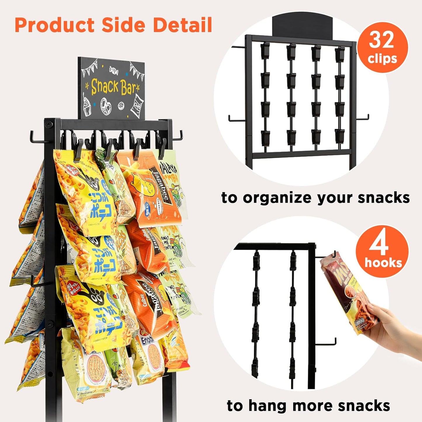 Poyilooo Snack Bar Organizer - 4-Tier 360° Rotating Chip Rack Display Stand | Black Candy Display for Kitchen & Retail