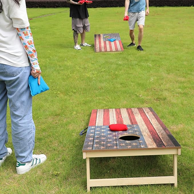 UKASE Solid Wood Regulation Size Cornhole Set Portable Bean Bags Toss Game with Durable Wood Grain Printed Surface and Underneath for Indoor and Outdoor