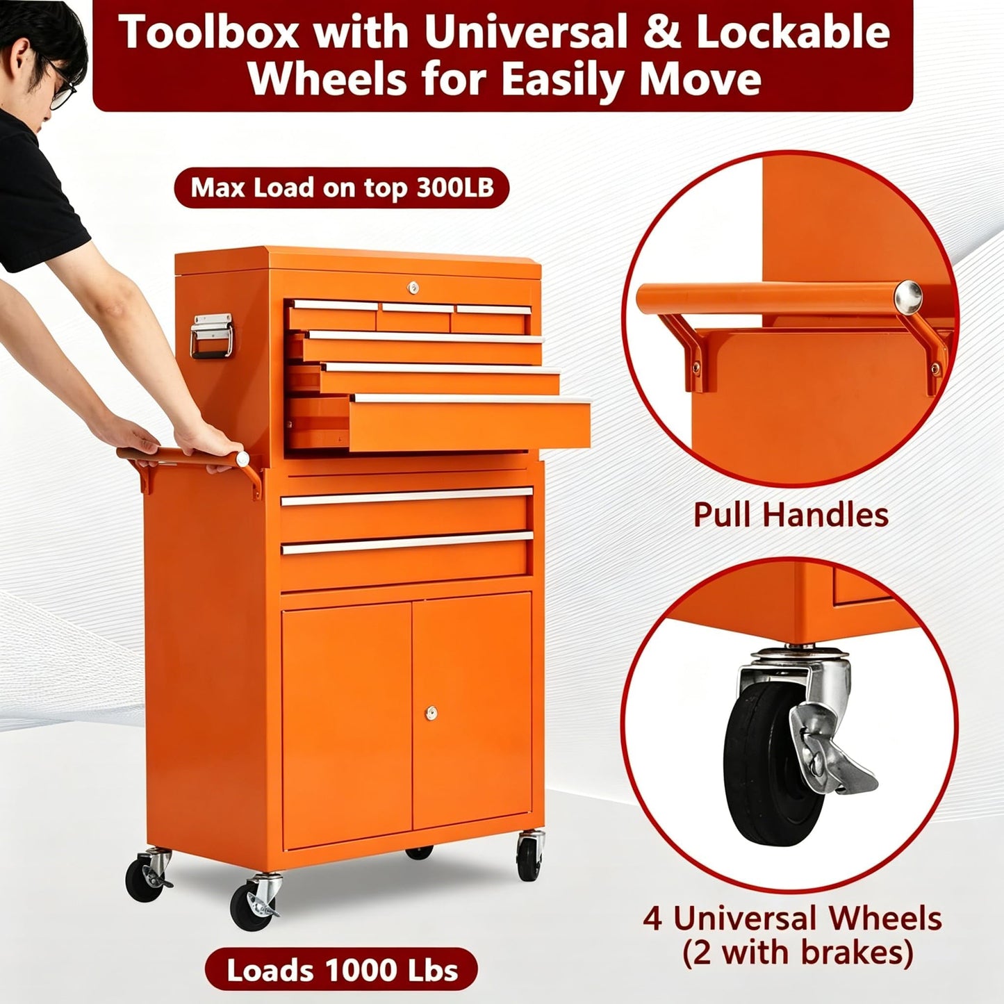 MilleLoom 8 Drawer Tool Chest with Wheels, 2 in 1 Detachable Rolling Tool Box Cabinet, Locking Metal Tool Storage Organizer with Portable Top Chest for Garage Workshop, Orange