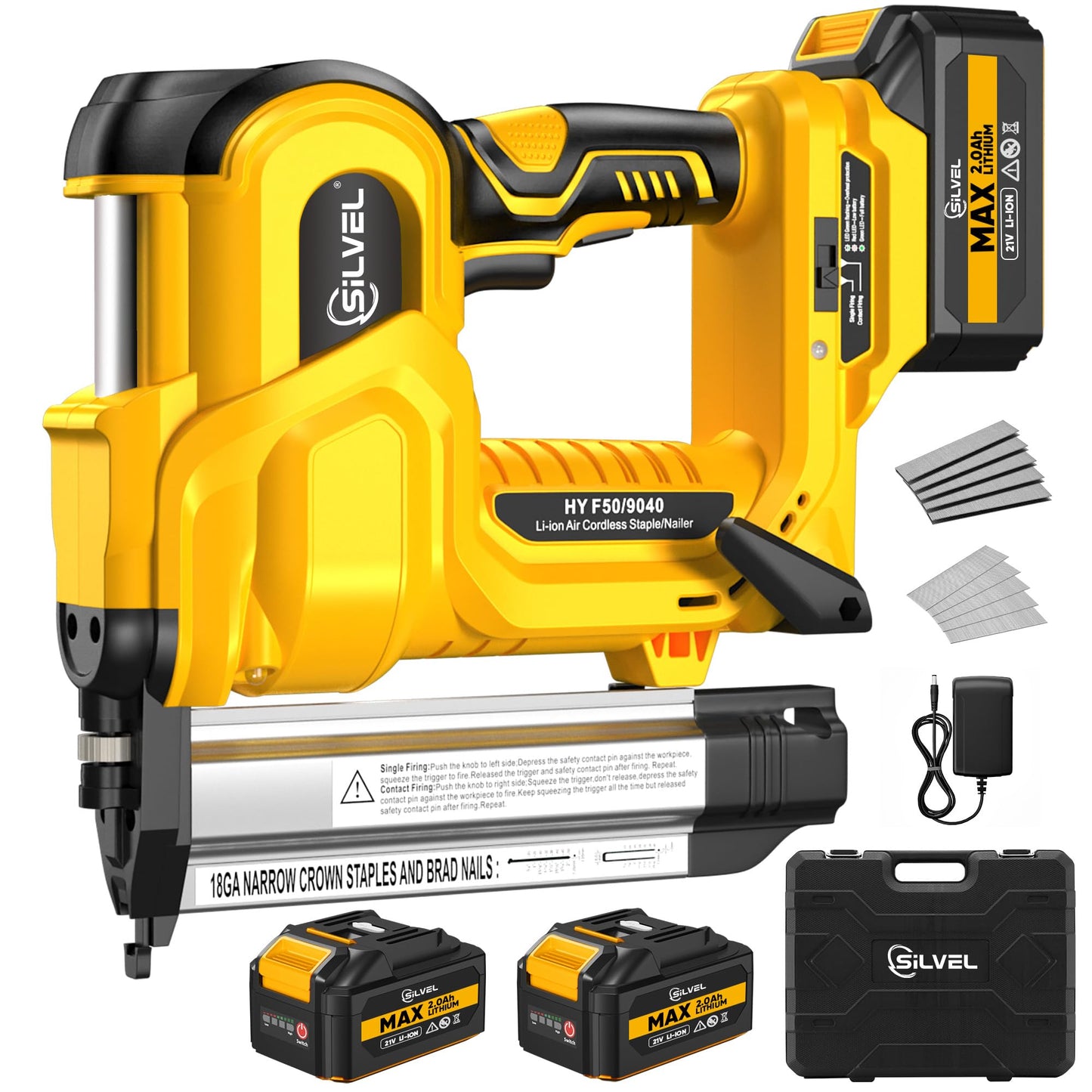 SILVEL 2" Cordless Brad Nailer, 2-in-1 21V Electric Brad Nailer with 2 * 2.0Ah Battery, 1000pcs Nails, 18GA Staples, Adjustable Depth for Woodworking, Home Improvement, yellow
