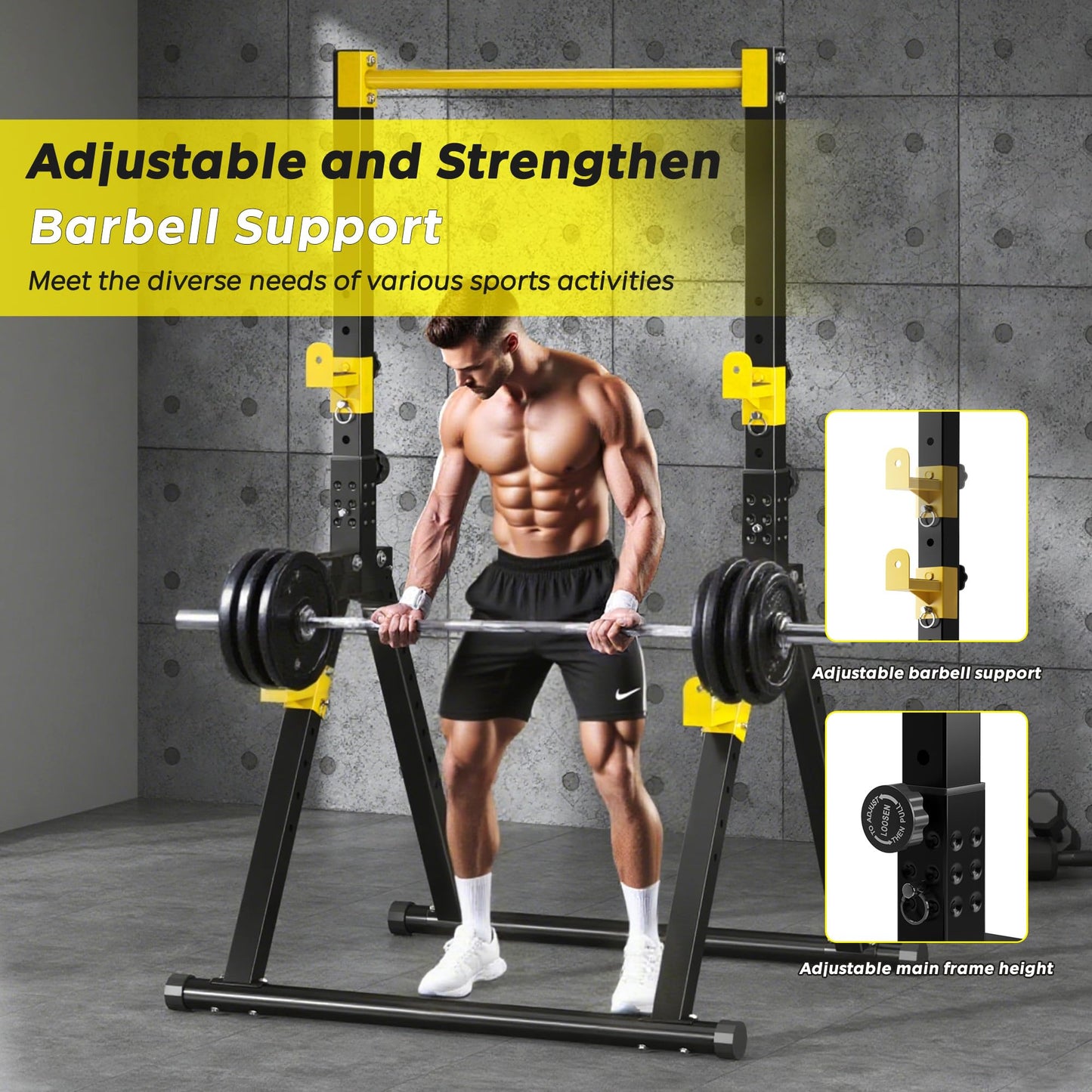 DlandHome Foldable Power Tower Pull Up Bar Dip Station, Adjustable Height Multifunction Workout Pull Up Tower Station for Home Gym, Strength Training Equipment, Triangular Legs, Up to 330lbs, Yellow