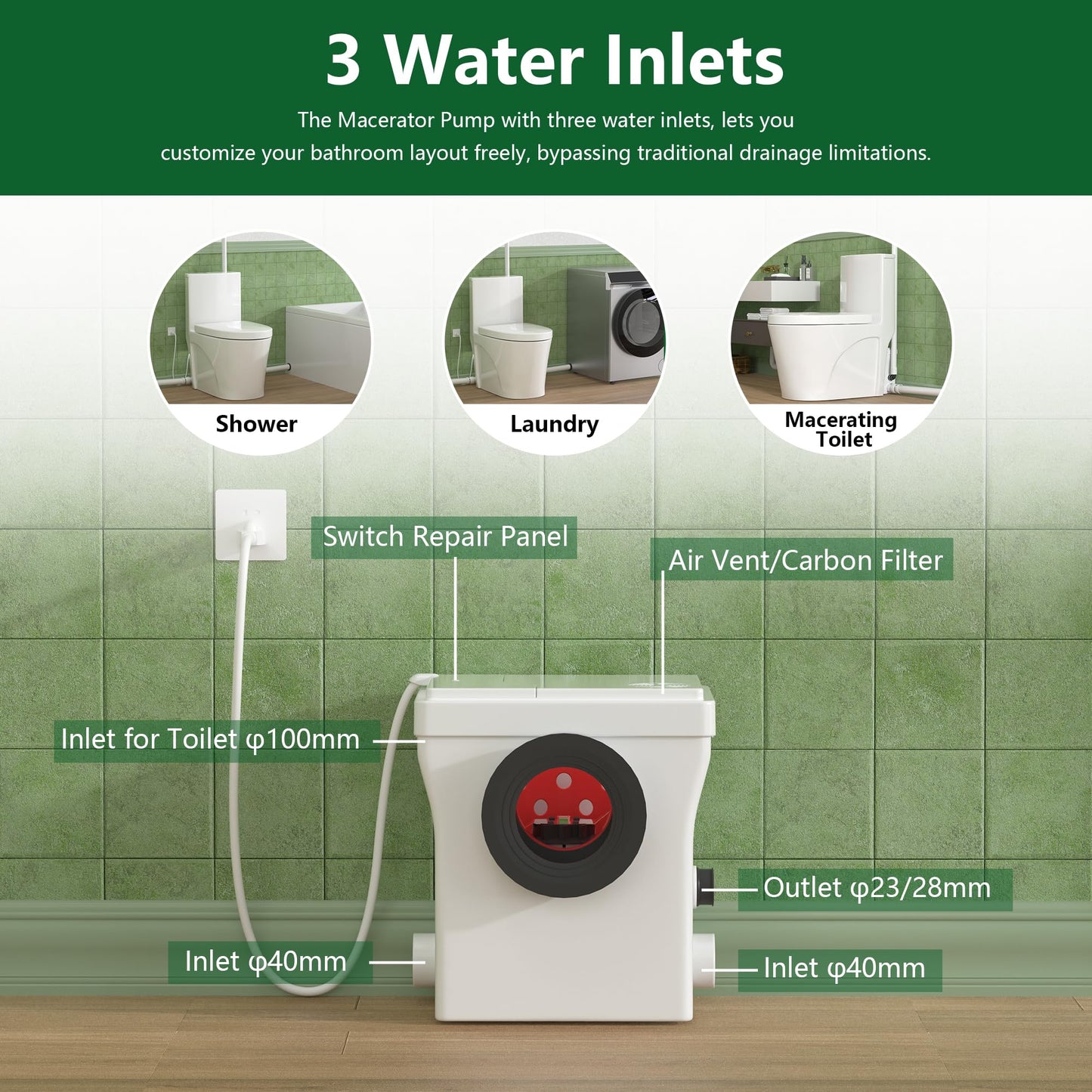 SUPERFLO 600W Macerating Toilet System, Upflush Toilets for Basement with One Piece Toilet Bowl & Soft Close Seat, Macerator Toilets Pump with 3 Inlets for Toilet, Sink & Shower