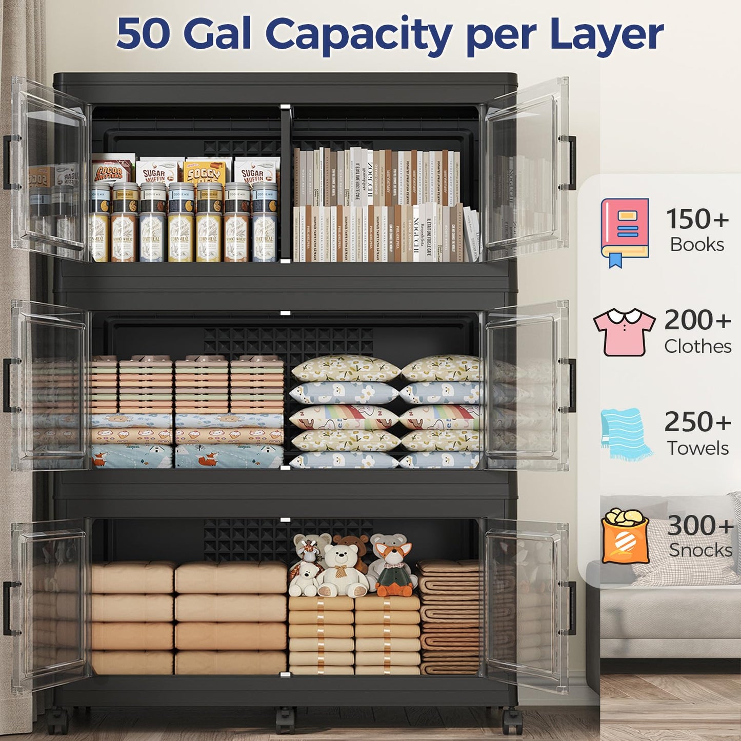 HOCRYPTA 150Gal 3-Tier Collapsible Storage Bins with Lid & Wheels, 600QT Stackable Large Plastic Storage Cabinet Organizer Box with Doors for Bedroom Closet Kitchen Clothing Storage, Black