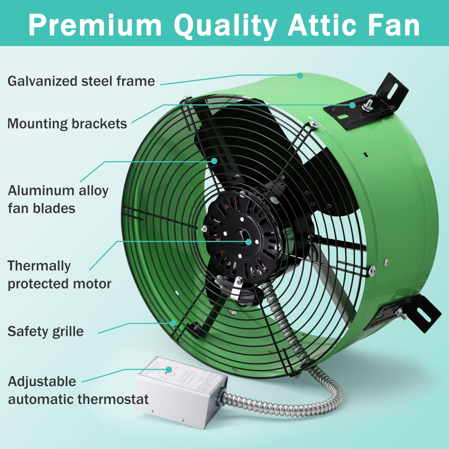 Hipoilk Gable Mount Attic Fan with Adjustable Thermostat, 15 Inch Exhaust Fan for Attic, Garage, Shed, Shop Ventilation, 1650 CFM, 1075 RPM, 2500 SQF Coverage Area