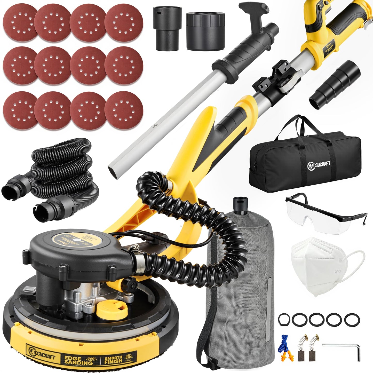 Drywall Sander, 800W Powerful Electric Drywall Sander with Vacuum, 99% Dust Absorption Dust-free Design, 7 Variable Speed 900-1800RPM, 26' Power Cord, LED Light, for Popcorn Ceiling etc