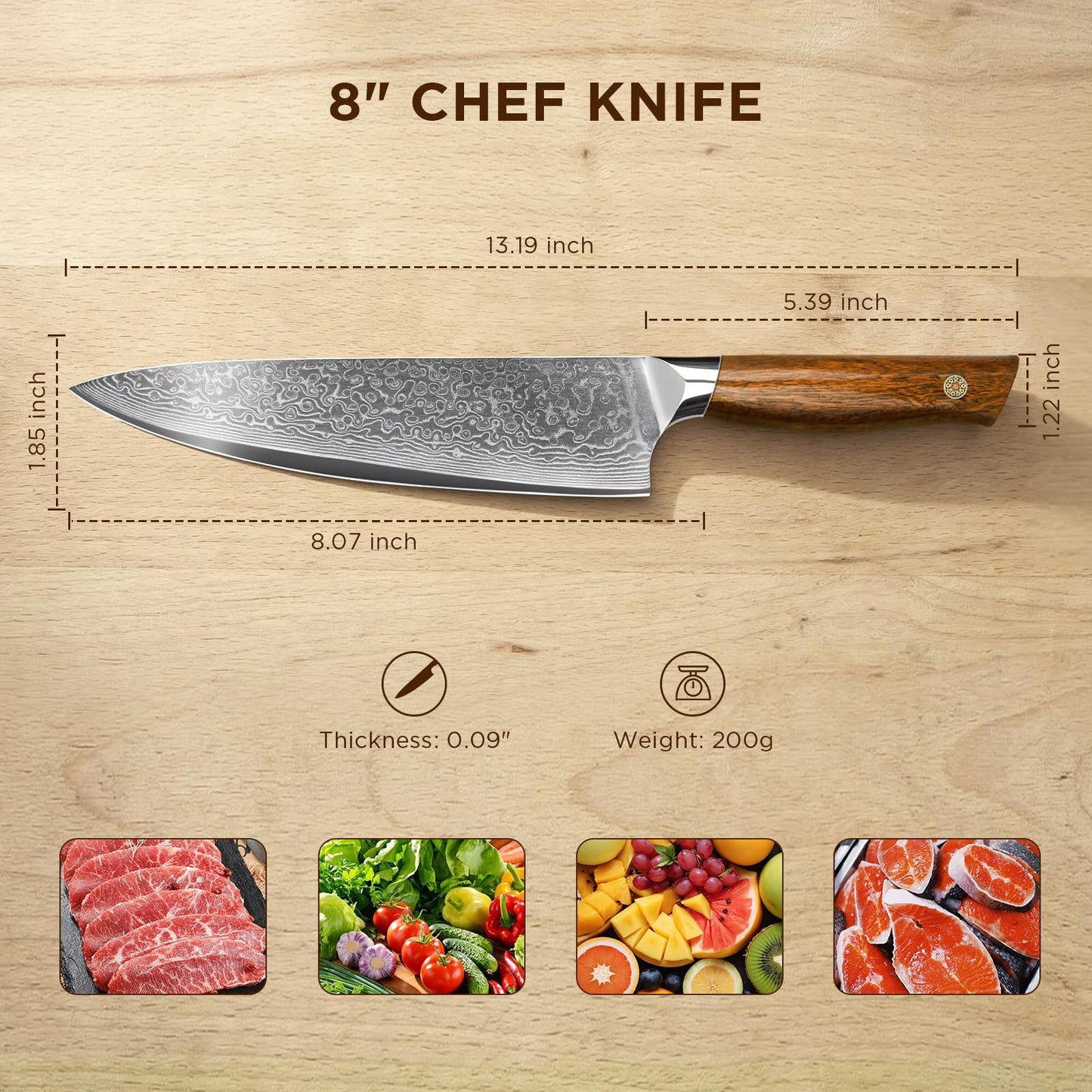 Newise Chef Knife, 8 Inch Japanese Kitchen Knives with Damascus Steel Core, Sharp Gyuto Knife with Wood Handle, Cooking Knives for Women Men