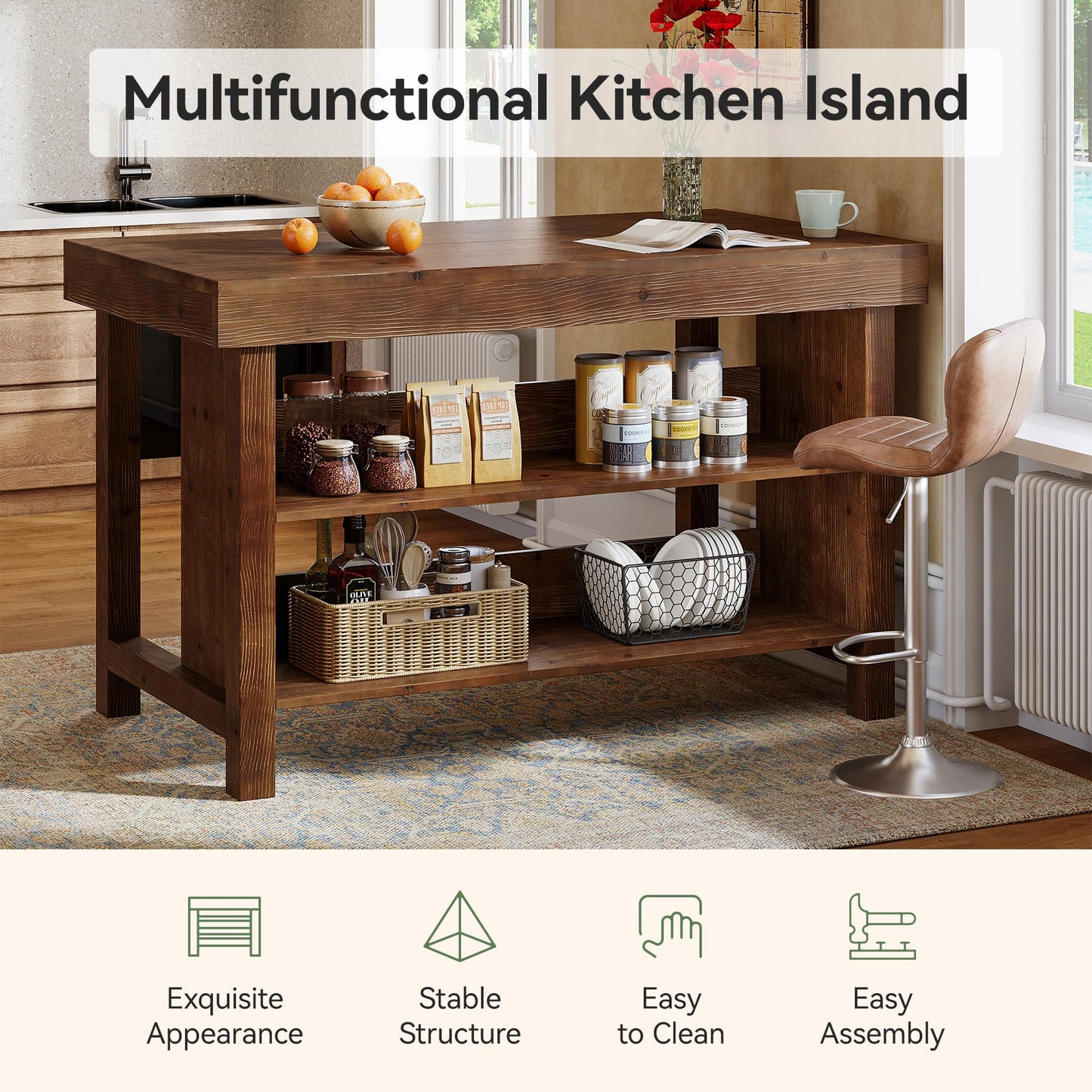 TRIBEWOOD 55" Solid Wood Kitchen Island with Storage, Farmhouse Kitchen Island Table with 3-Tier Open Shelves and Large Countertop for Kitchen, Dining & Living Room, Walnut