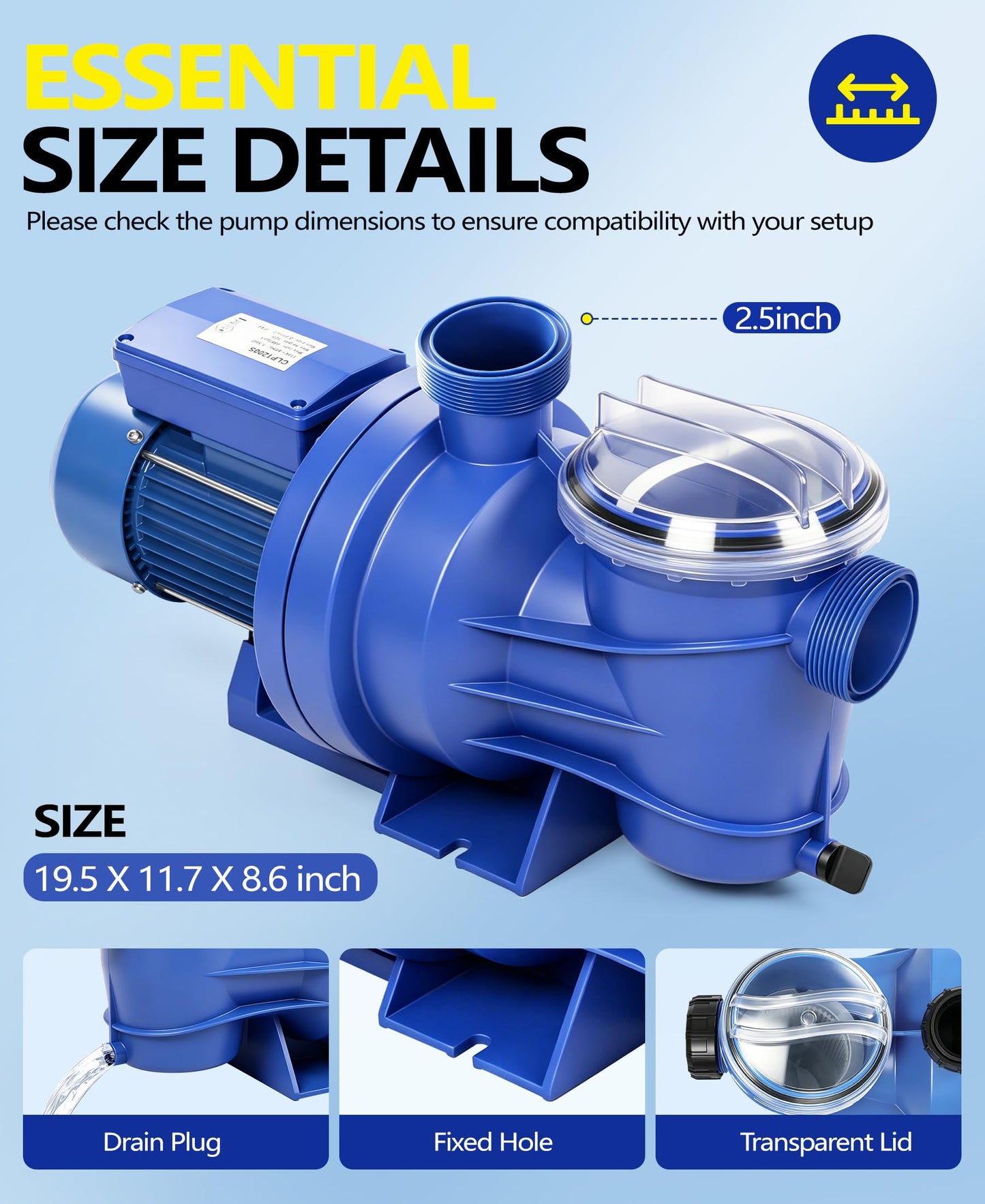 LuxBlue 1.5HP In/Above Ground Pool Pump | Powerful Self-Priming Pool Pumps | Max 6060GPH, 52FT Head Lift for Energy Efficient Water Circulation & Filtration, Includes 1.25"/1.5"/2" Hose Connectors