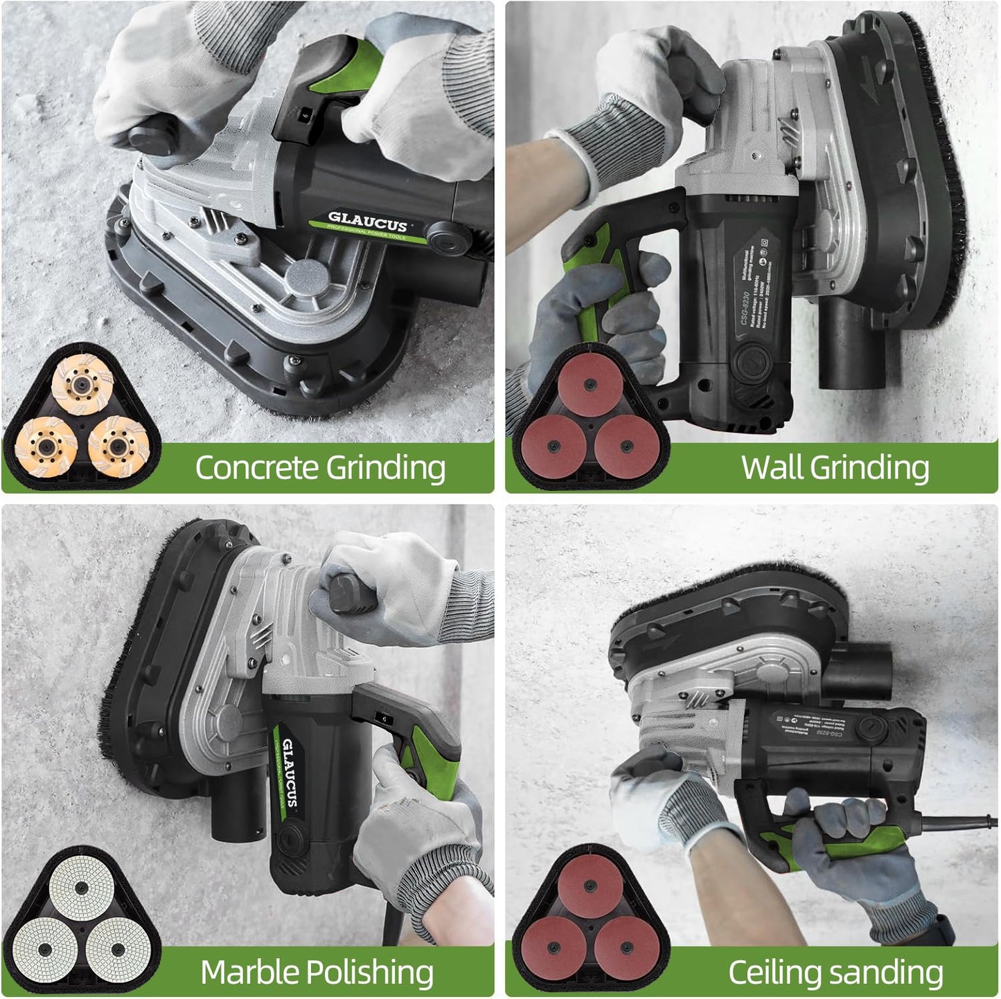 GLAUCUS 4" 3-Head Concrete Grinder, 2450W Concrete Floor Grinder with Bristle Dust Shroud & Vacuum, 6-Speed Diamond Grinding Machine for Concrete, Marble, Granite, Cement Floor Wall Polishing
