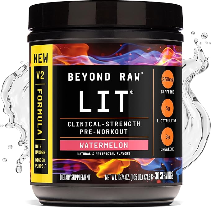 BEYOND RAW LIT V2 Clinical Strength Pre Workout Powder, Hits Harder, Bigger Pumps, Caffeine, L-Citrulline, Creatine, Watermelon, 30 Servings