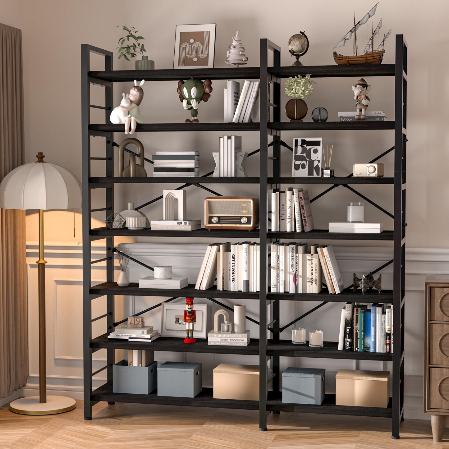 TEROL 7-Tier Corner Bookshelf, Reversible Wooden Shelves, Industrial Bookcase with Open Shelves and Sturdy Metal Frame, Display Shelf Storage Rack for Living Room, Bedroom, Home Office (Black)