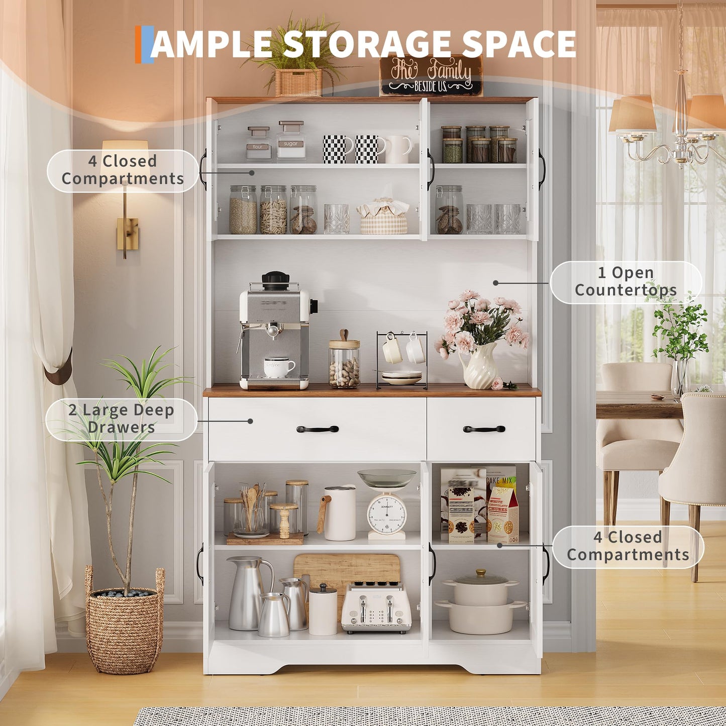 GarveeHome 71" Pantry Cabinet with Charging Station, Tall Kitchen Pantry Storage Cabinet with Microwave Stand, Farmhouse Kitchen Hutch with Countertop & 2 Drawers for Living Room, Dining Room, White