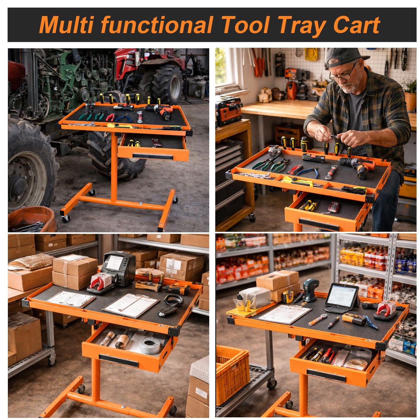 A A IN LT18 Heavy Duty Adjustable Work Table with Drawer for Mechanic,220lbs Capacity Rolling Tool Tray Table with Wheels Orange