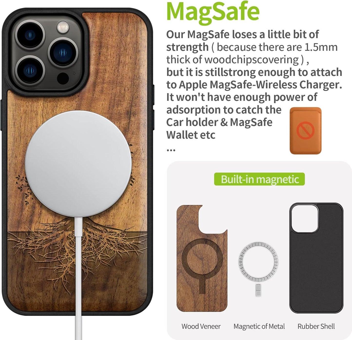 Carveit 14 Magnetic Wood Case for iPhone Pro Max [Natural Wood & Black Soft TPU] Unique & Classy Wooden Shockproof