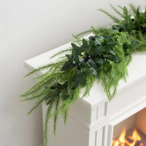 2026New 6FT Christmas Garland Norfolk Pine Garland Olive Garland Vine Wreath Real Touch Artificial Faux Greenery Wreath, for Table, Mantle, Wall, Indoor, Outdoor Christmas Decorations (1PC)
