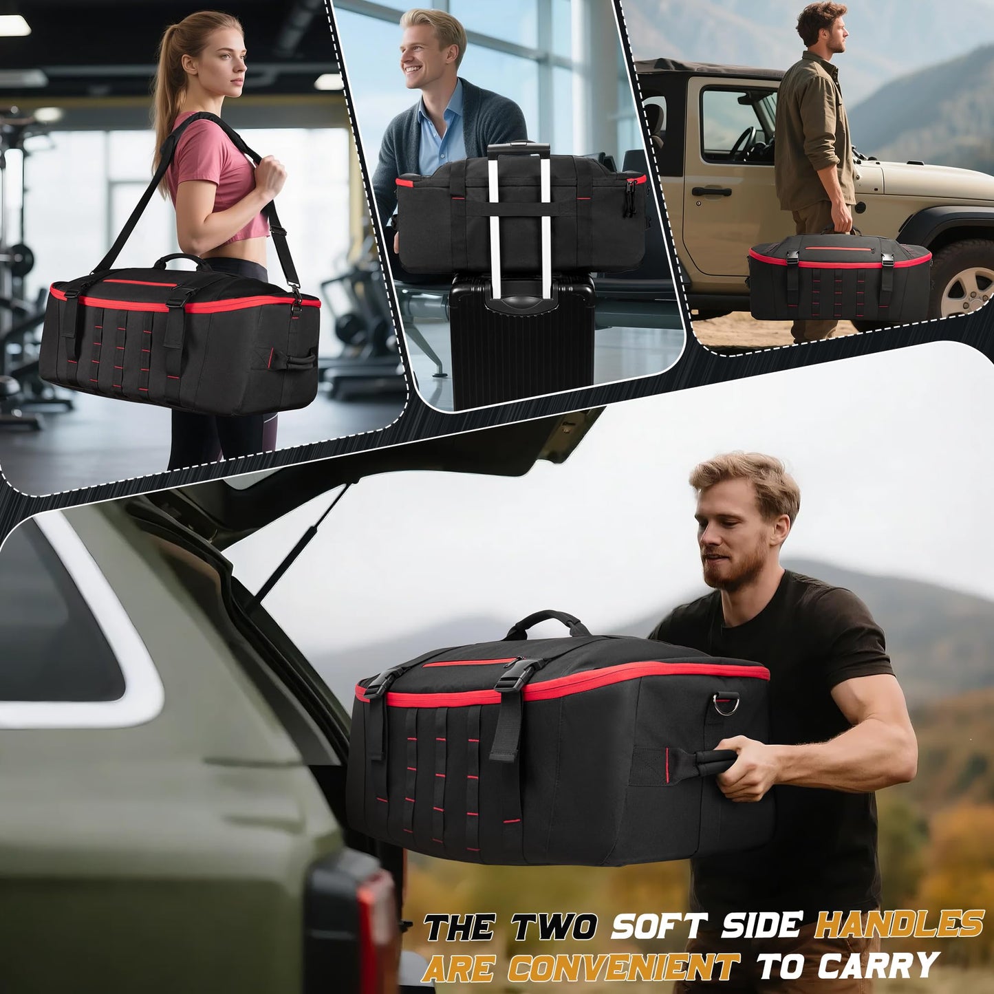 Smasrob 65L Tactical Duffle Bag Gym Bag with Backpack Straps, Wet Pocket and Detachable Dividers, Duffle Backpack for Travel, Sports and Military, Black