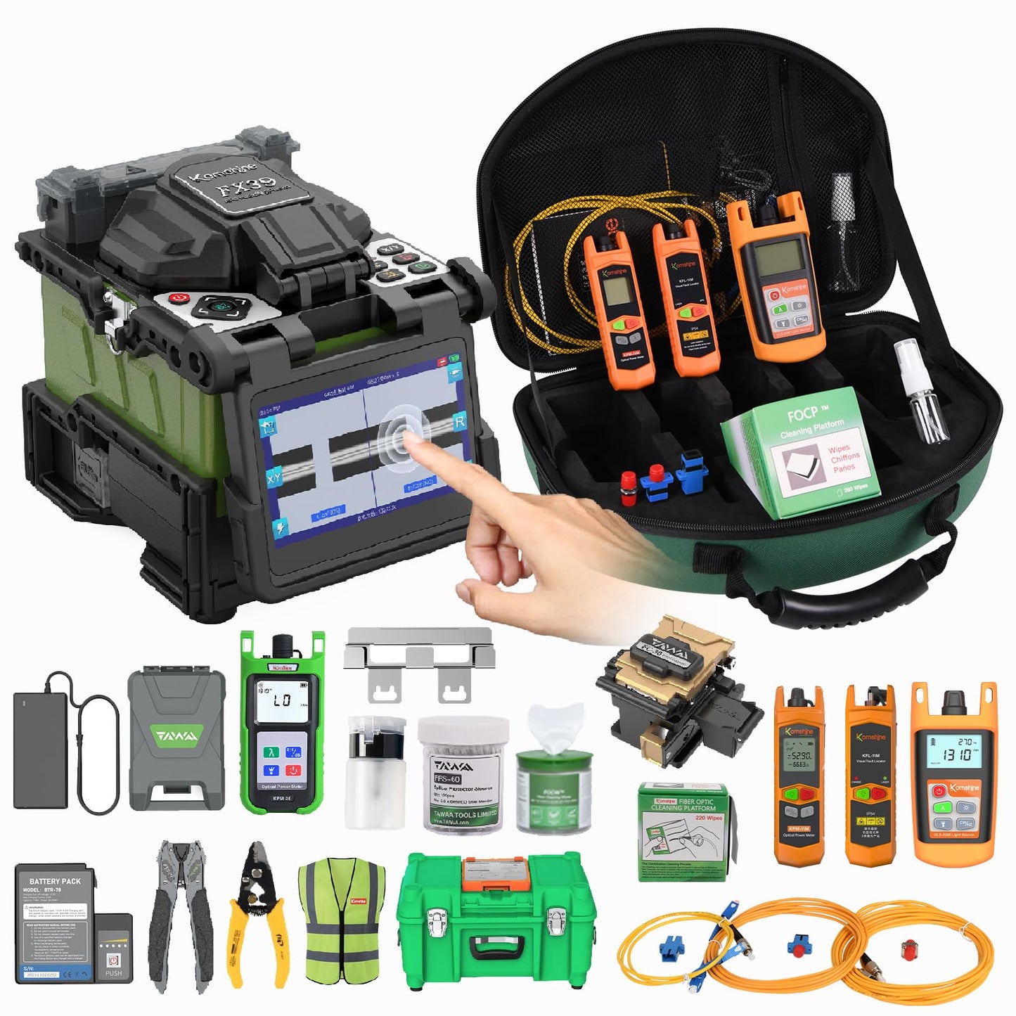 KomShine FX39 Touch Screen Fiber Fusion Splicer with 5000 Times Electrodes Life, Multi Languages Splicing Machine 6S Splice, Full FTTH Testers Kit Power Meter, SM Light Source