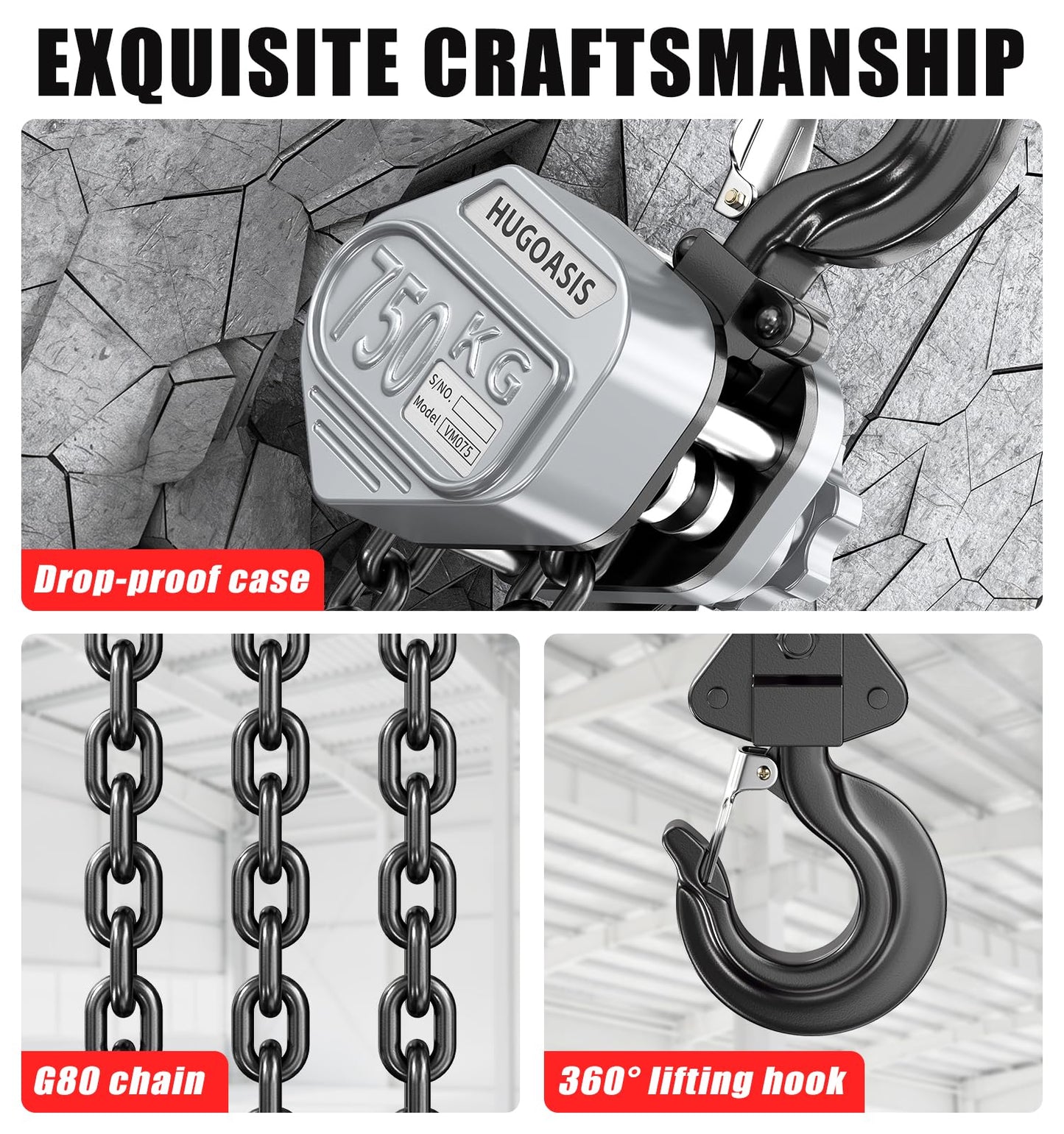 HUGOASIS Mini Lever Hoist 3/4 TON 1650 LBS Capacity 5FT Lift, Portable Aluminum Ratchet Chain Hoist with G80 Alloy Steel Chain, Dual Brake Hand Chain Puller for Lifting & Pulling,Silver