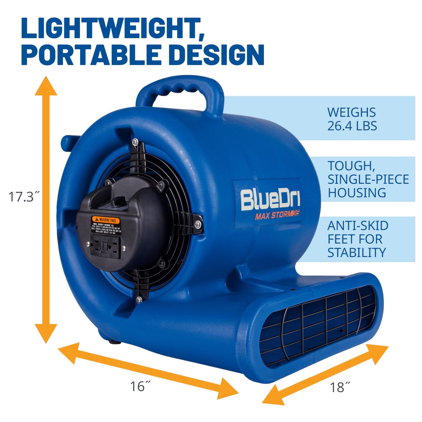 BlueDri Max Storm 35 1/3 HP 2900 CFM Air Mover Blower Floor Fan for Industrial Water Damage Flood Restoration Carpet and Floor Drying Blower Fan, Blue, BD-MS35