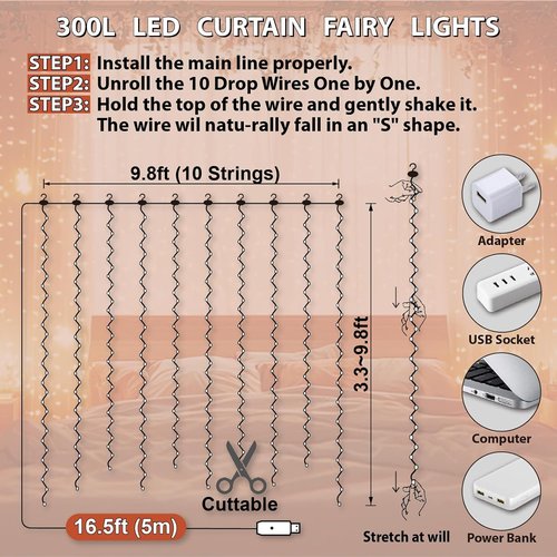 HXWEIYE 300LED Fairy Curtain Lights - 9.8x9.8Ft USB Plug-In with 8 Modes & Remote | Orange Indoor Decor