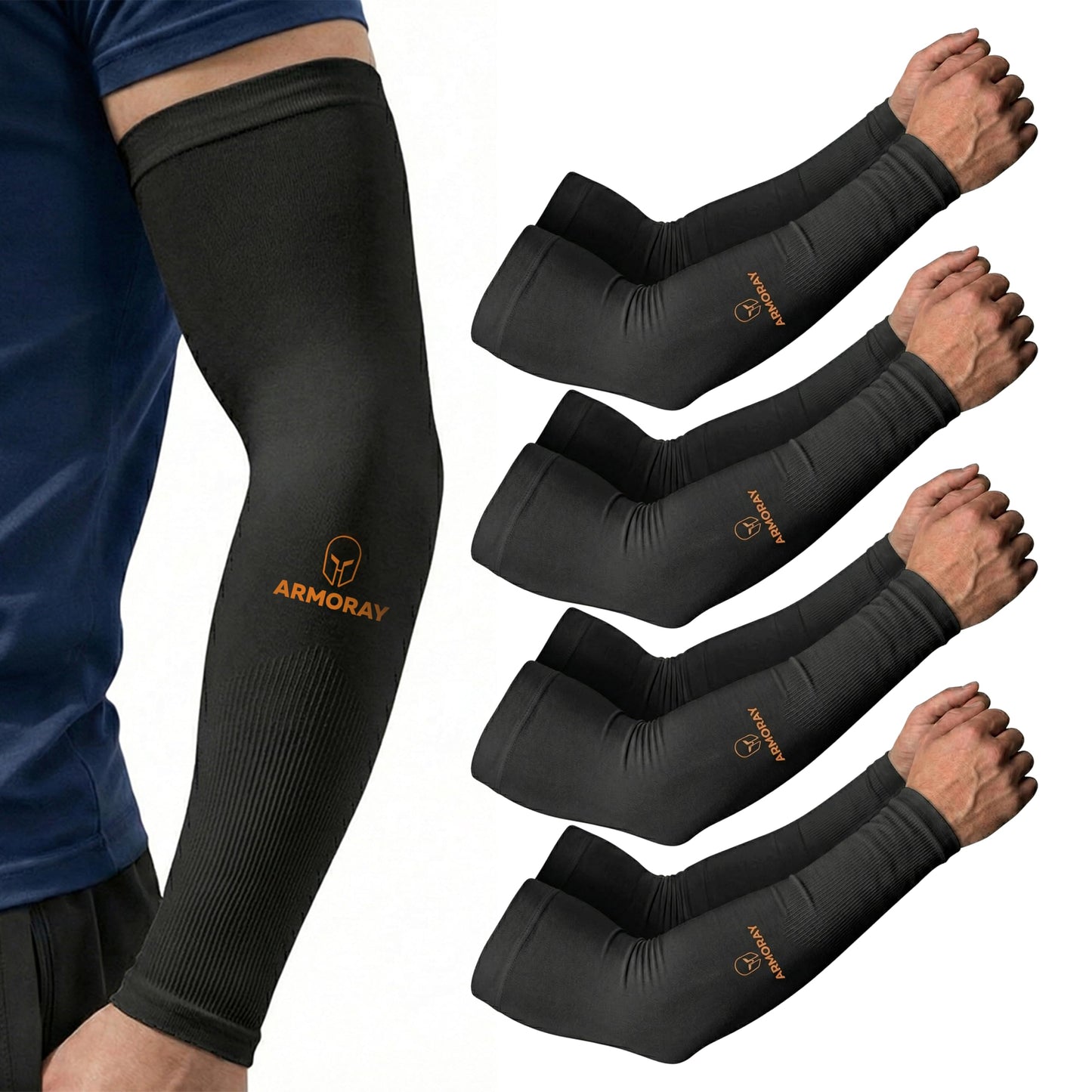 ARMORAY Arm Sleeves for Men & Women - 4 Pair UV Sun Protection Cooling Compression - Tattoo Cover Up Sleeve for Daily Wear & Work (Black)
