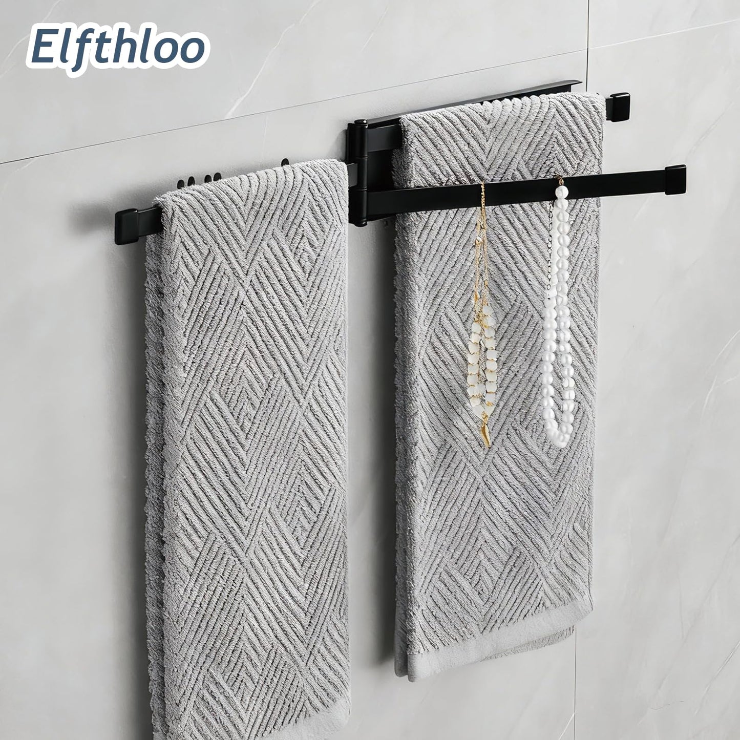 Small Swivel Foldable Towel Rack, Elfthloo 24cm(9.45 in) Rotating 3-Arm Towel Bar Rod, Space Saving Wall Mounted Holder, Stainless Steel Swing Out Hanger for Bathroom, Kitchen (1 Pack, Matte Black)
