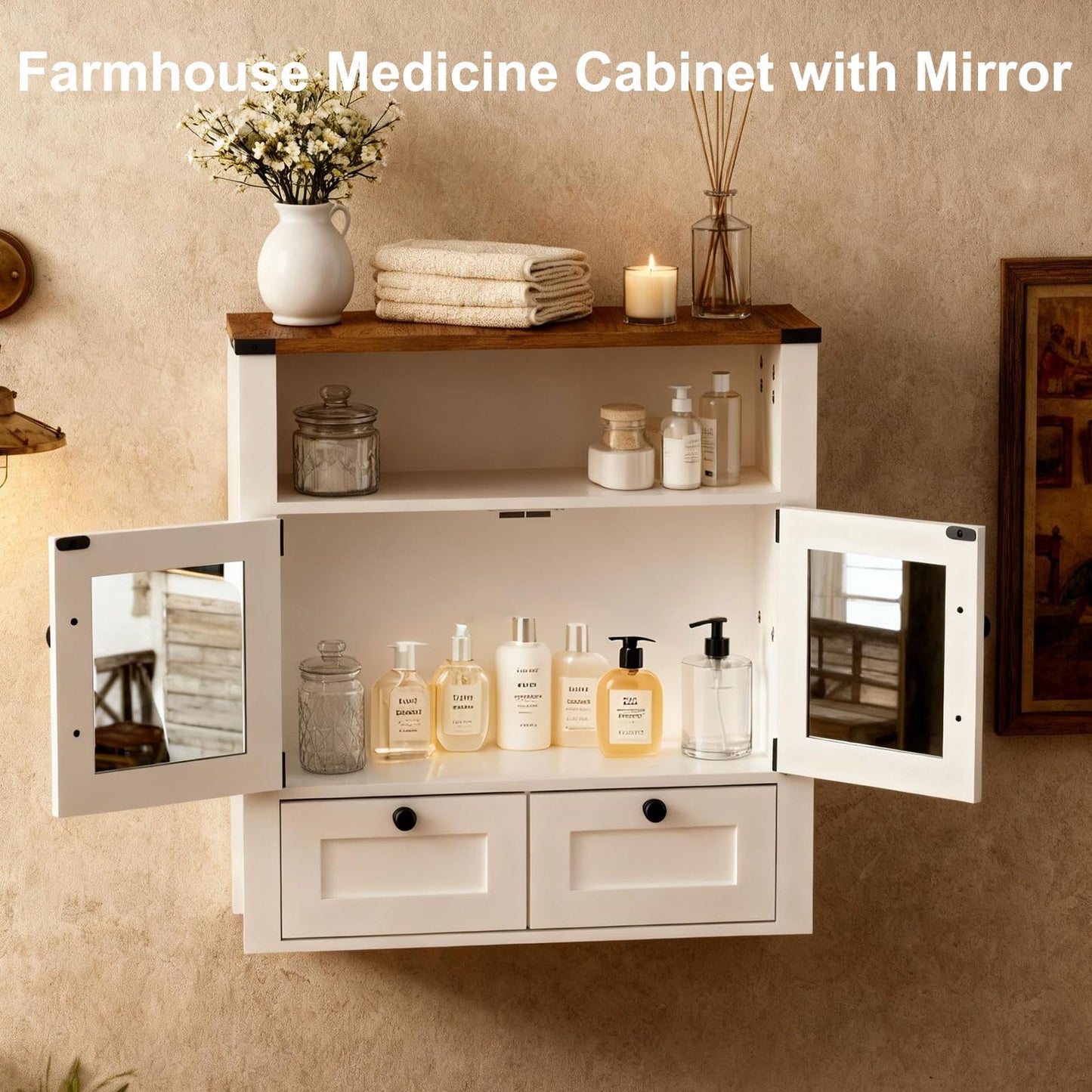M METERXITY Bathroom Wall Cabinet, Farmhouse Medicine Cabinet with Mirror, Drawer, Barn Doors, Over the Toilet Storage Cabinets Wall Mounted for Bathroom Kitchen Laundry Entrance, Rustic