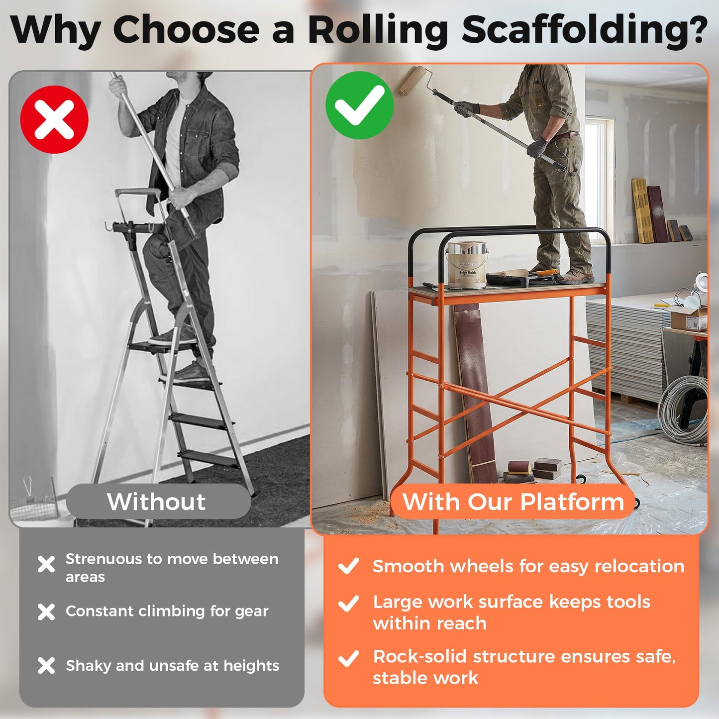 HOMCOM 4-Step Steel 4.6 x 2 x 6 ft. Scaffold 2 Wheels Free Moving for Indoor & Outdoor Decoration Anti-Skid, 440 Pound Capacity, Orange