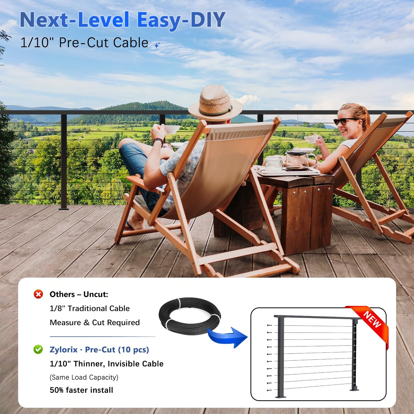 Zylorix 36" Swageless 12-16FT Black Complete Cable Railing System Post Kit with Handrail Cuttable, T304 Stainless Steel, Modular Pre-Cut 1/10" Cable Railing Kit with Level Post Easy DIY for Deck Porch