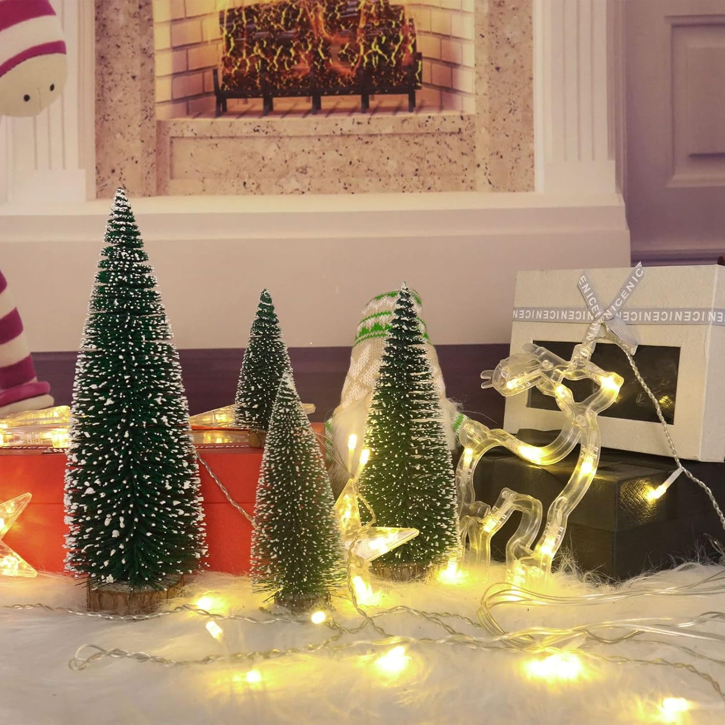 Skiennix Mini Christmas Tree - Small Pine Tabletop Decor with Wooden Bases | Green (Set of 4)