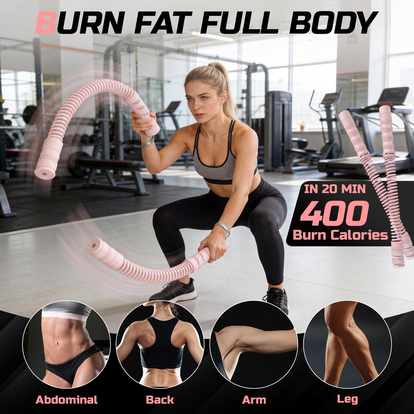 Cordless Battle Ropes for Home Gym & Apartment-Portable Ropeless Battle Ropes with 3 Adjustable Resistance Levels for Strength Training, HIIT & Full Body Exercise Includes Workout Guide & Storage Bag
