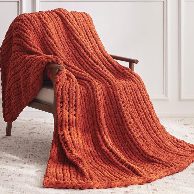 Negwoo Chunky Knit Throw Blanket, 50''*60'' Fall Throw Blanket Knitted Chenille Yarn for Bed Couch, Handmade Orange Crochet Big Thick Blanket, Machine Washable Cute Comfy Blankets for Home Decor