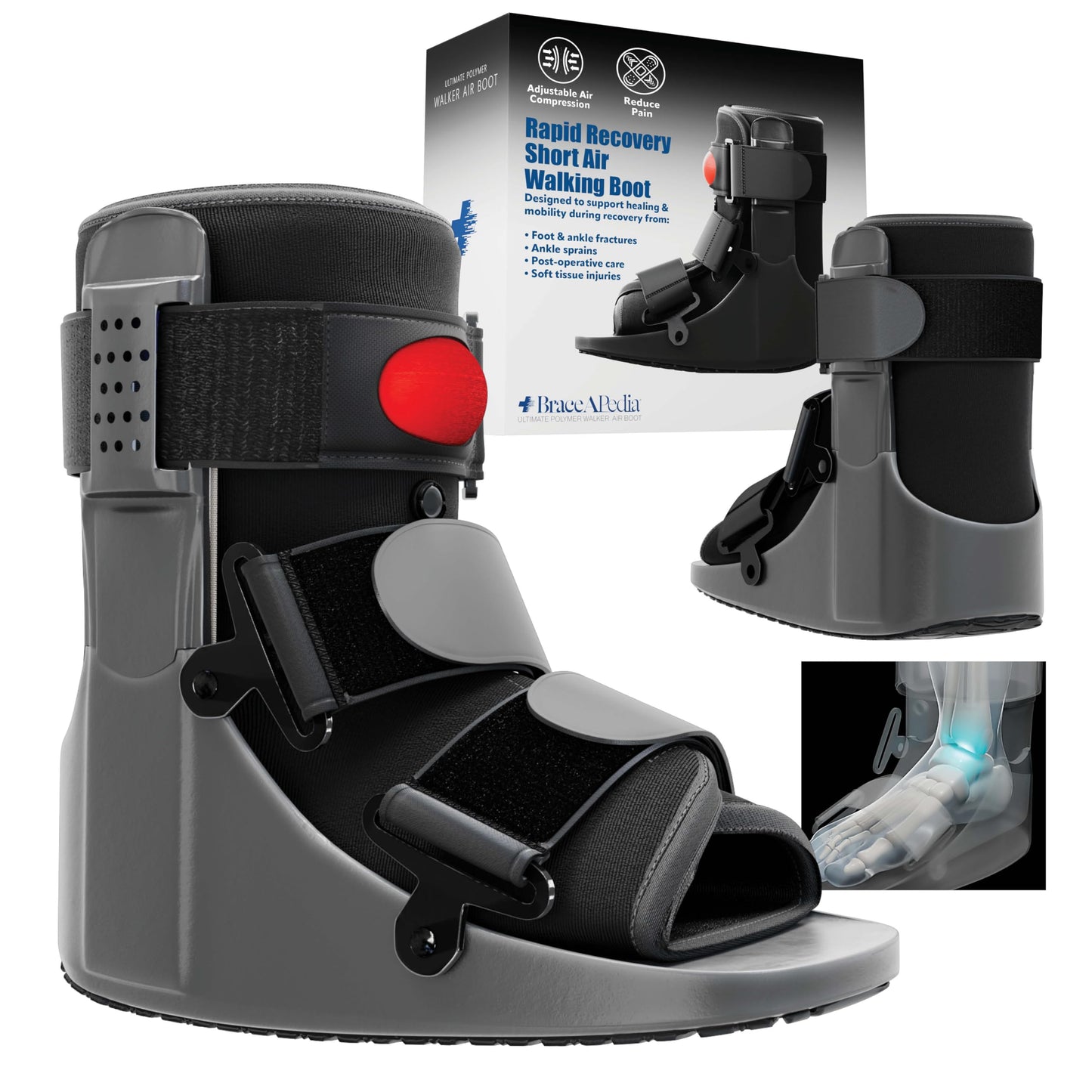 Braceapedia Rapid Recover Short Walking Boot, Fracture Boot, Medical Grade Fracture Foot & Ankle Support Brace Adjustable Air Pump, Sprain & Injury Recovery, Post Op Shoe, For Injured Foot, Large, Black