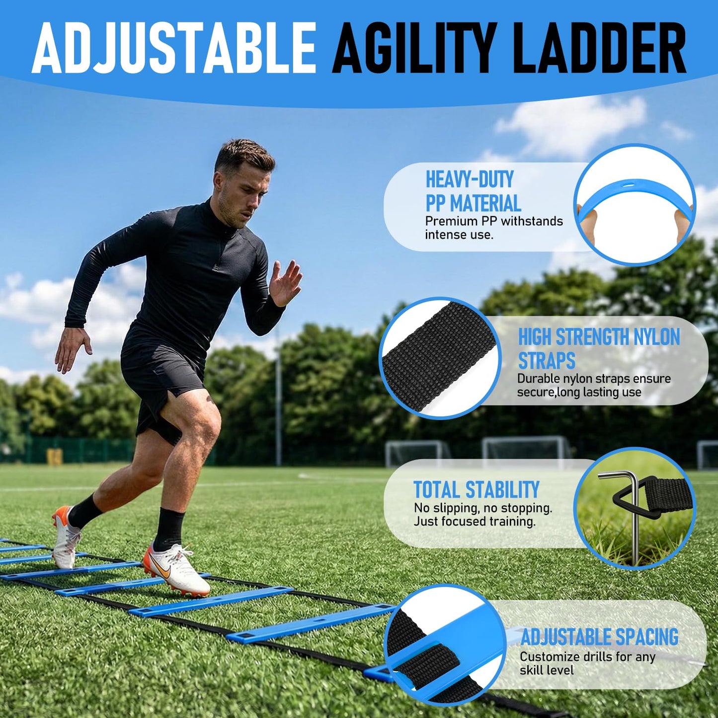 SMTPDT Speed and Agility Training Equipment: 5 Adjustable Agility Hurdles. 20ft Agility Ladder, Soccer Training Equipment Set for Kids Youth Adults (Blue)