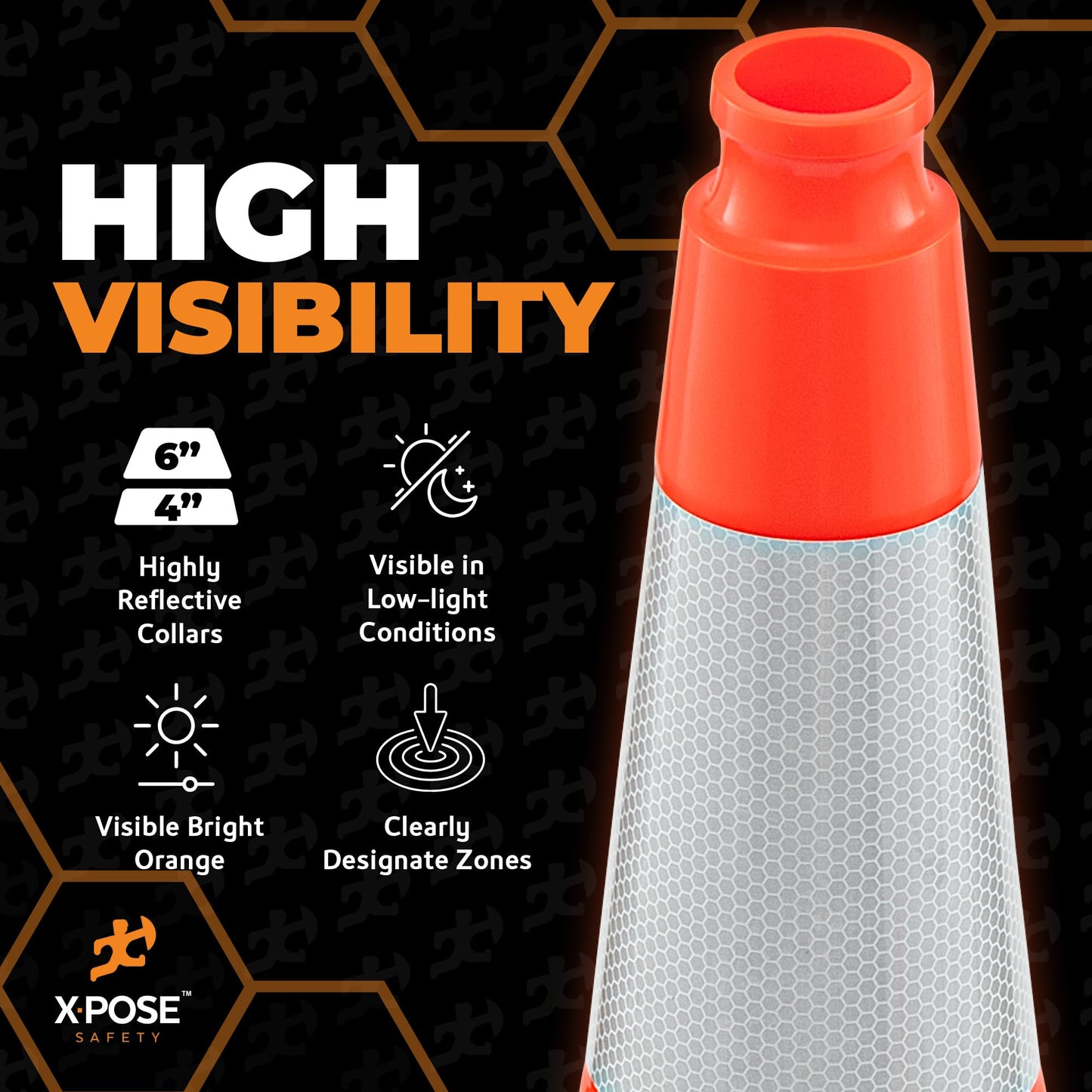 Xpose Safety 28 Inch Orange Slim Line Traffic Cones Heavy Duty 10lb with 6" & 4" Collars, 6 Pack Multipurpose PVC Plastic Safety Cone for Parking, Soccer, Caution, Kids & Construction - DOT Approved