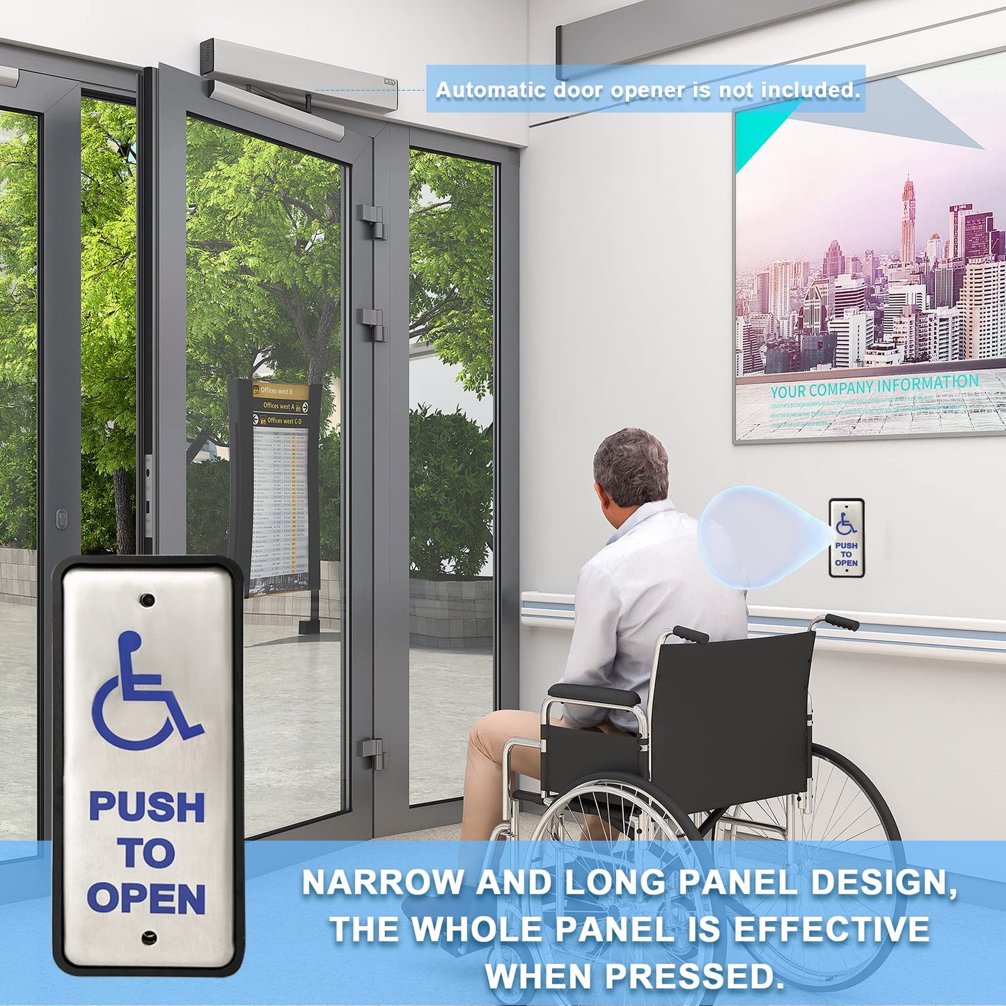 Olideauto Handicapped Push Button for Automatic Door Opener,Single Narrow Wired Stainless Steel Handicap Push Button
