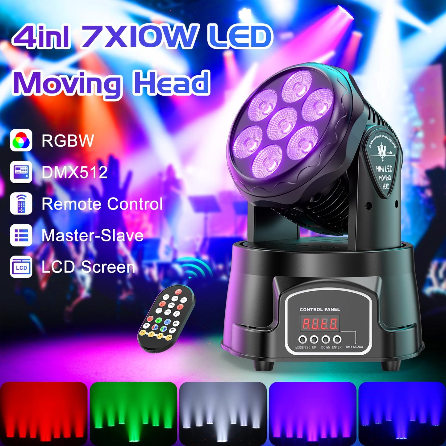 U`King Moving Head Light RGBW Stage Lighting DJ Lights 7 x 10W LED Beam Spotlight 9/14 CH Wash Light with DMX and Sound Activated for Party Church Wedding Bar Christmas Halloween Disco (2 Pack)