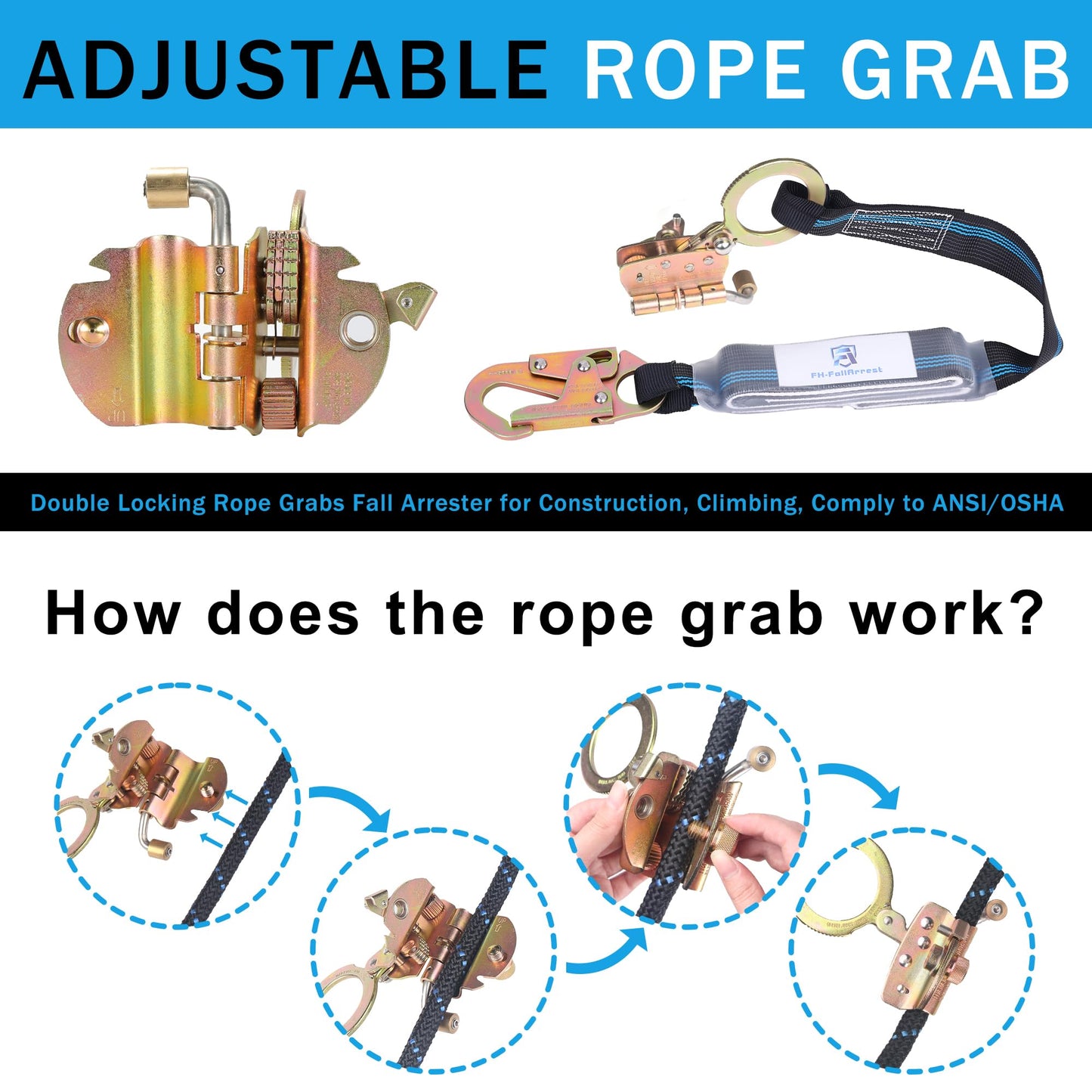 FHFallArrest 50FT Vertical Lifeline Assembly with Alloy Steel Anti-Panic Rope Grab Snap Hook Shock Absorb Lanyard, Fall Protection Rope Safety Climbing Equipment Roofing Safety Kit, CE ANSI OSHA Rated