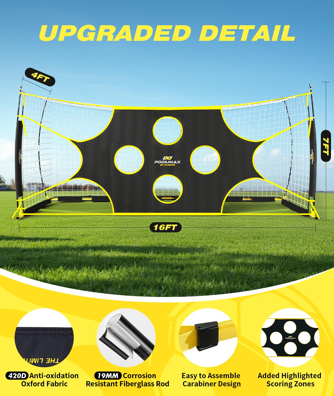 PodiuMax 16X7 FT Soccer Goal Target Net with 10 Highlighted Scoring Zones, Portable Soccer Field Equipment, Backyard Shooting Training Football Goal Net