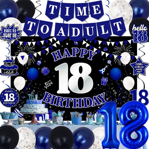 18th Birthday Decorations for Boys Girls, Blue Black Happy 18th Birthday Party Decorations, Time To Adult Birthday Banner, Foil Balloons 18, Backdrop, Balloons, Hanging Swirls, Birthday Card Set 43pcs
